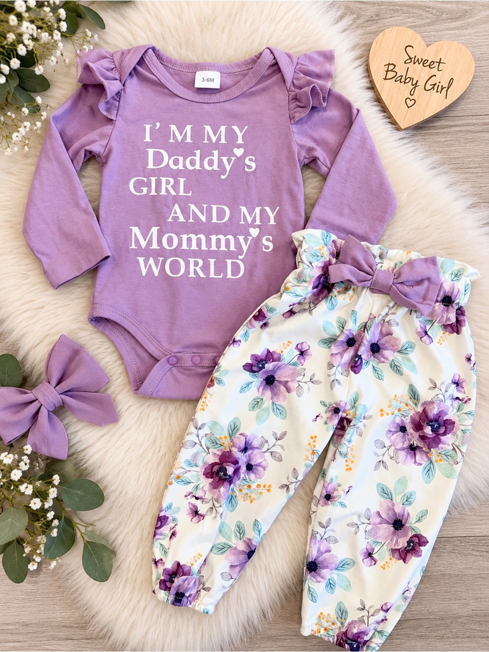 Baby Girl 3-6M Purple Floral Daddy’s Girl Mommy’s World 2 Piece Outfit